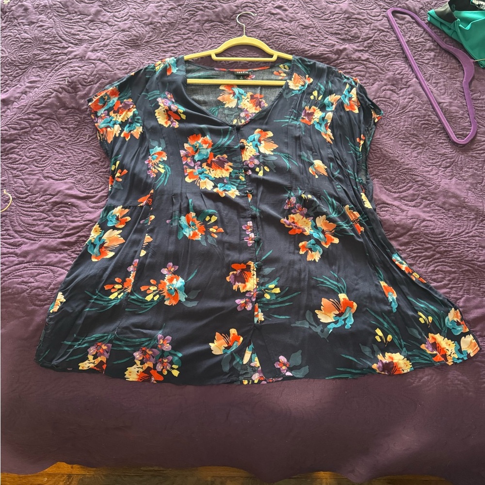 Torrid Blue Floral Blouse with Orange and Teal Accents